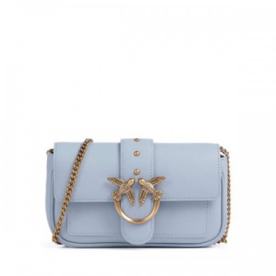 Pinko Love One Crossbody bag fine grain leather light blue